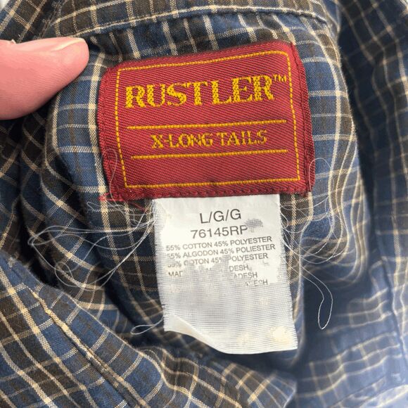 Vintage Rustler X-Long Tails Plaid Check Blue Brown Pearl Snap Western Size L 90 - Picture 4 of 4